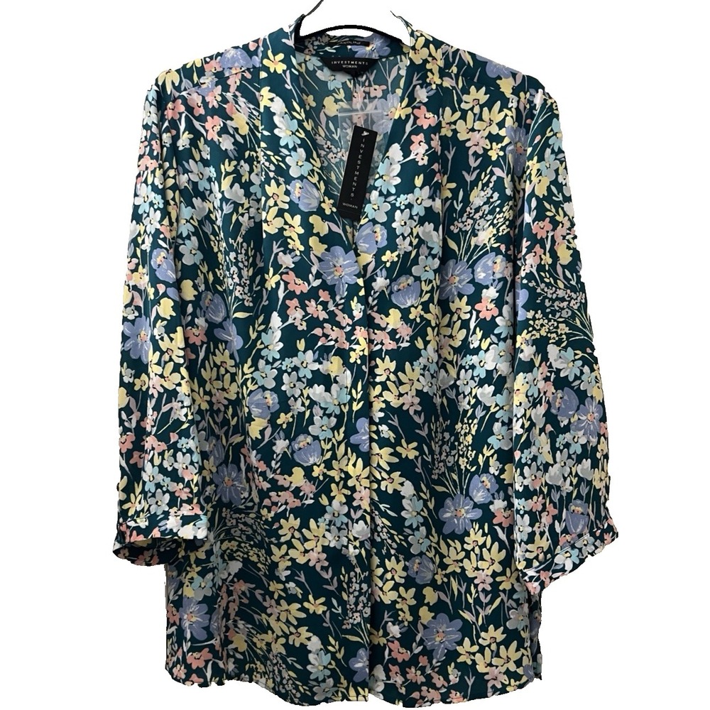 Investments Woman Tunic Plus‎ Size 2X Blouse Shirt 3/4 Sleeve Caroline Green B35